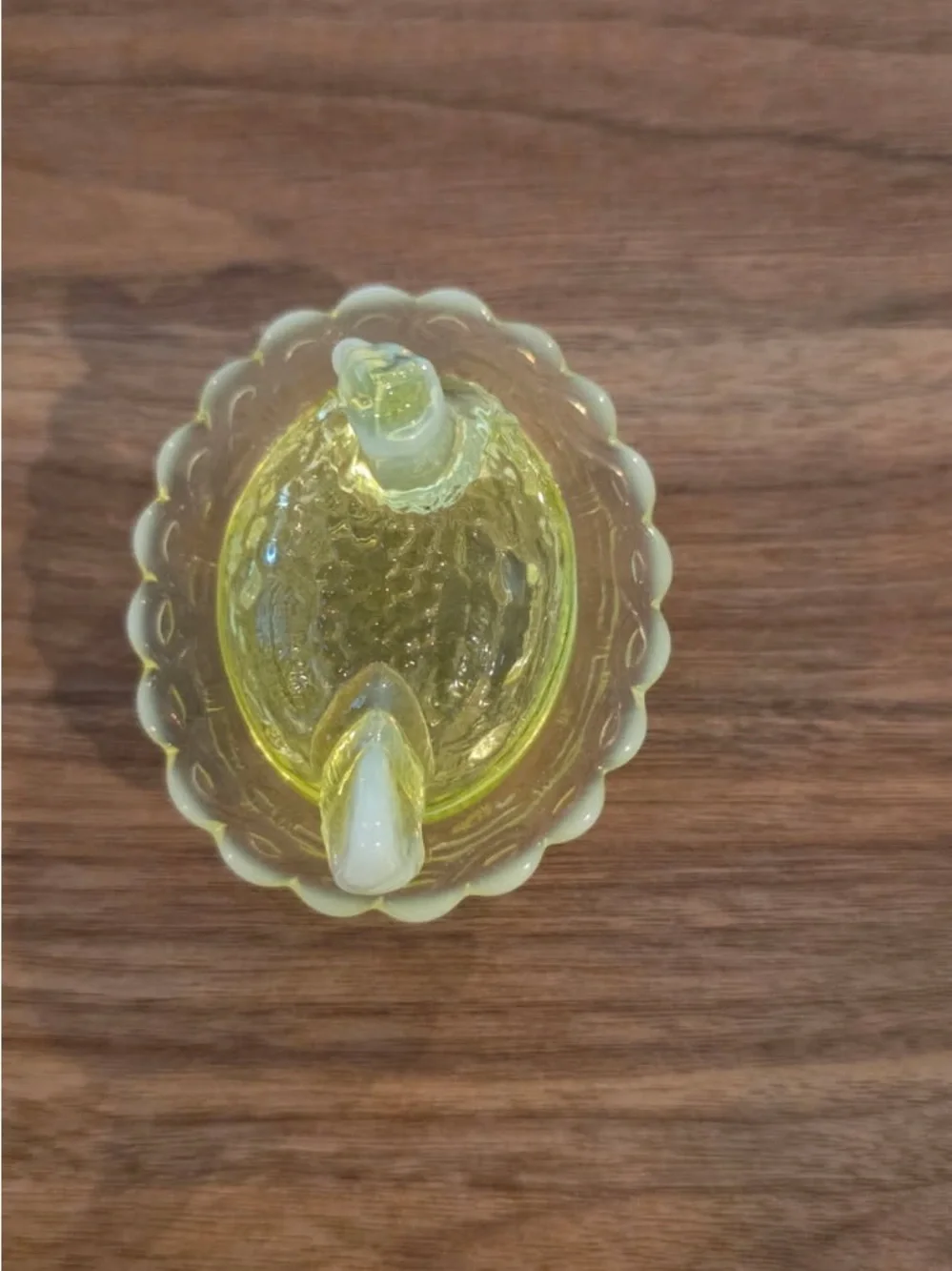 Mosser Mini Hen on Nest Uranium Vaseline Opalescent Glass M Marked